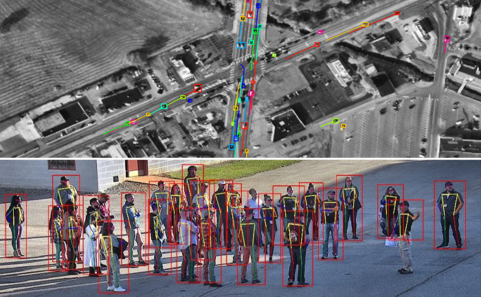 两幅图像，顶部显示汽车卫星视图中的目标检测，底部显示人类目标检测