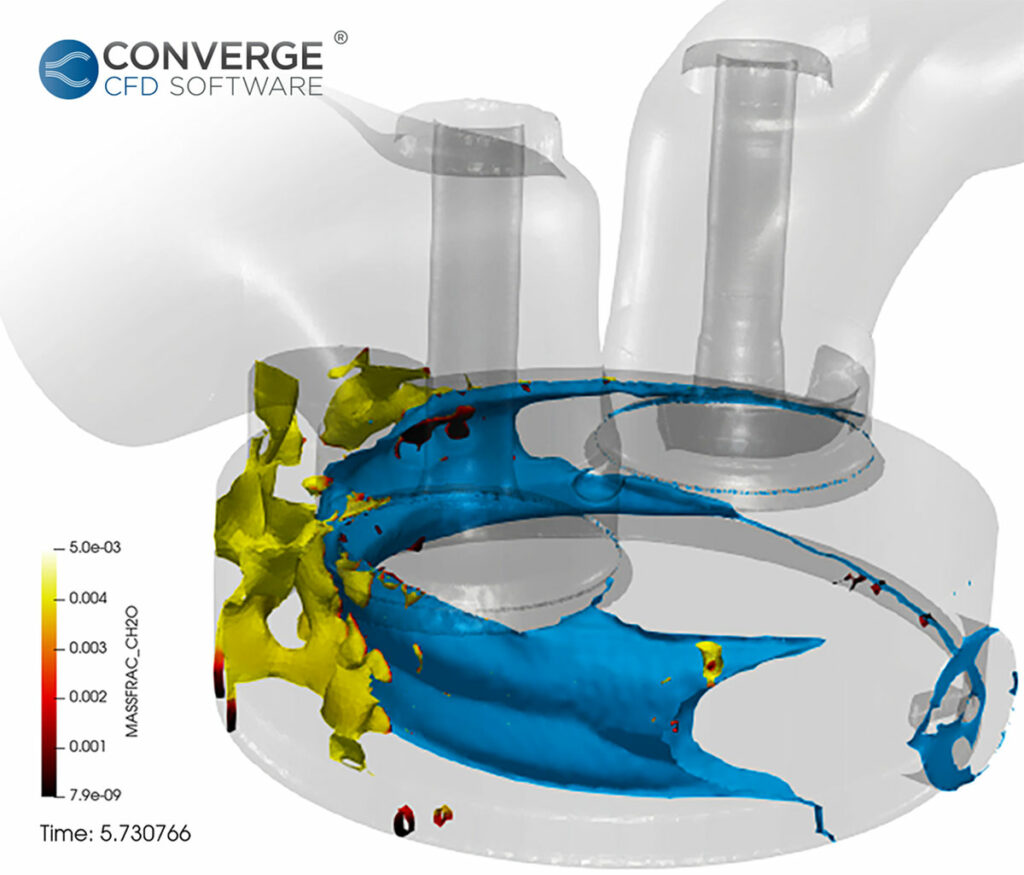 CONVERGE simulation of in-cylinder combustion in a gasoline spark-ignition engine, showing auto-ignition (yellow) occurring in front of the flame front (blue). Image courtesy of Convergent Science.
