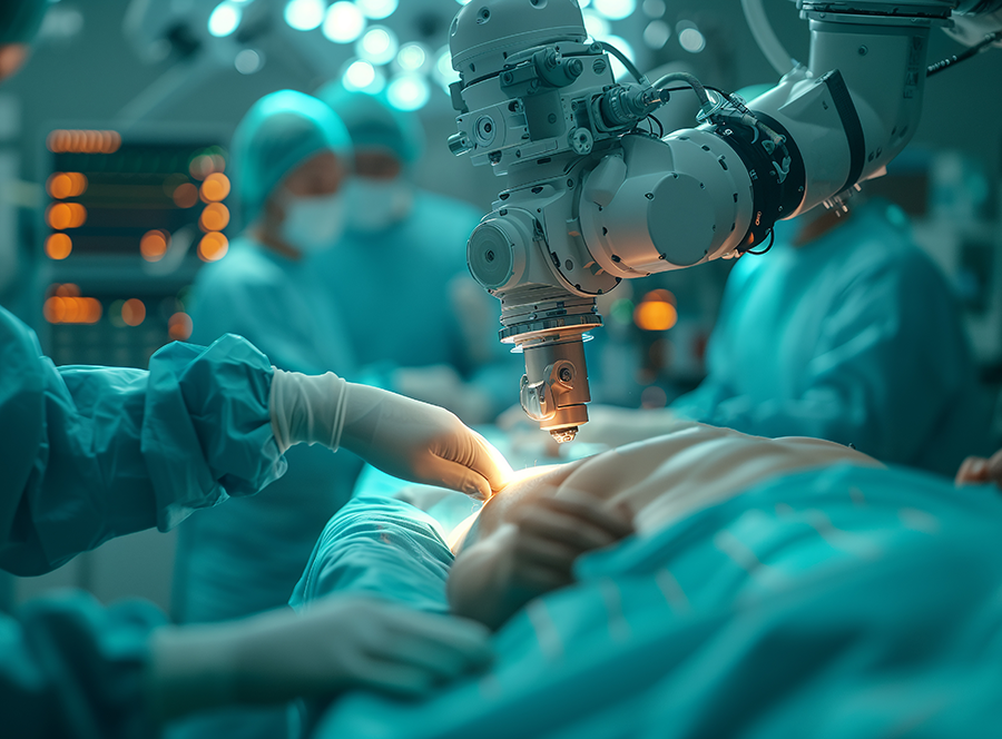 Surgeon works on a patient with the assistance of a robotic arm.