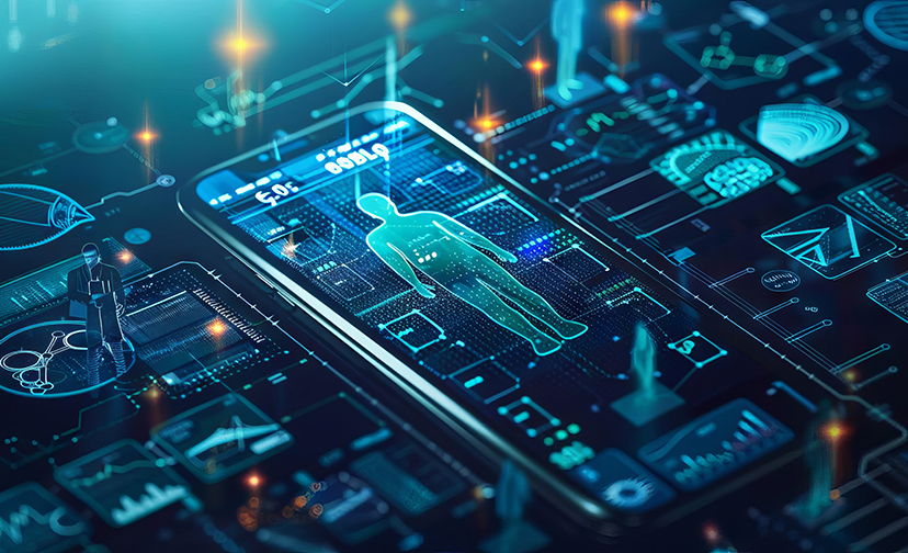 A conceptual image showing a patient monitoring their health data through a blockchainenabled mobile app