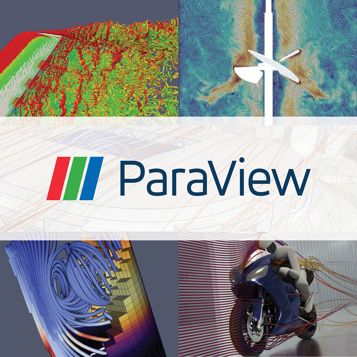 ParaView Logo with visualizations of motorcycle, plane wing behind it.