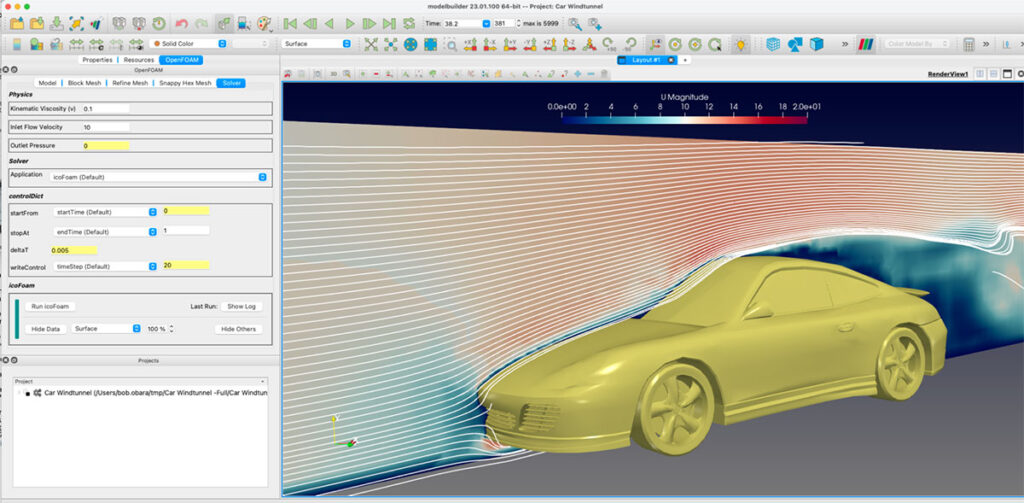 The CMB wind tunnel application has a customized user interface (left side of this screenshot) and 3D display for input geometry, reference geometry, and solution data.