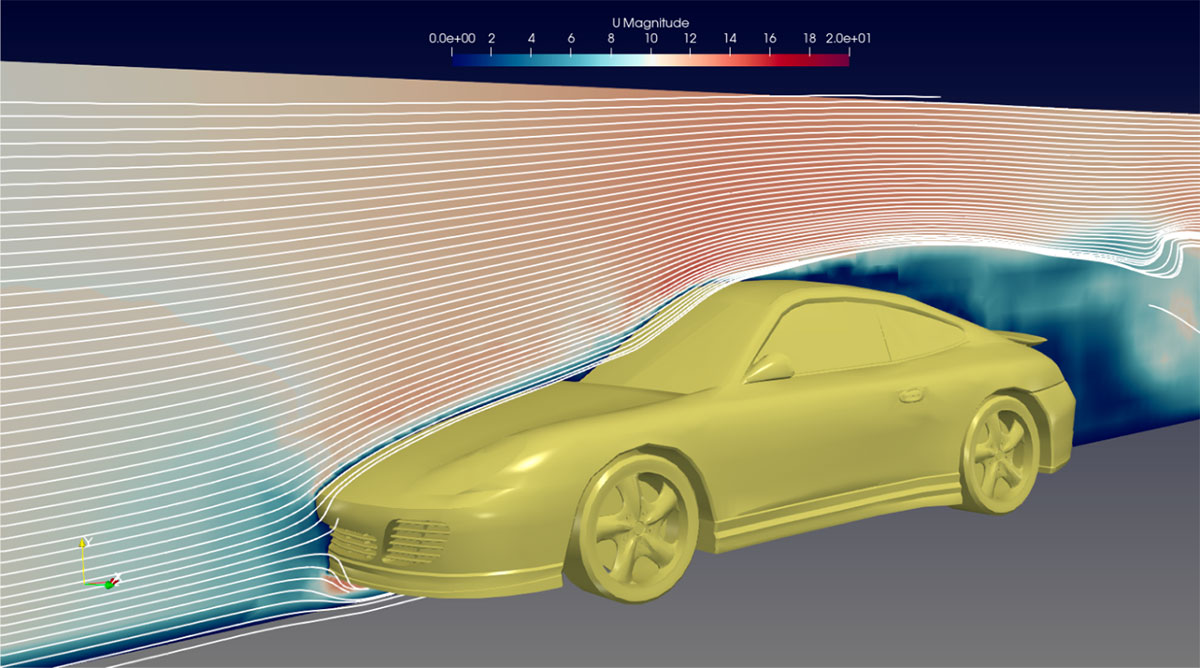 The CMB wind tunnel application has a customized user interface (left side of this screenshot) and 3D display for input geometry, reference geometry, and solution data.