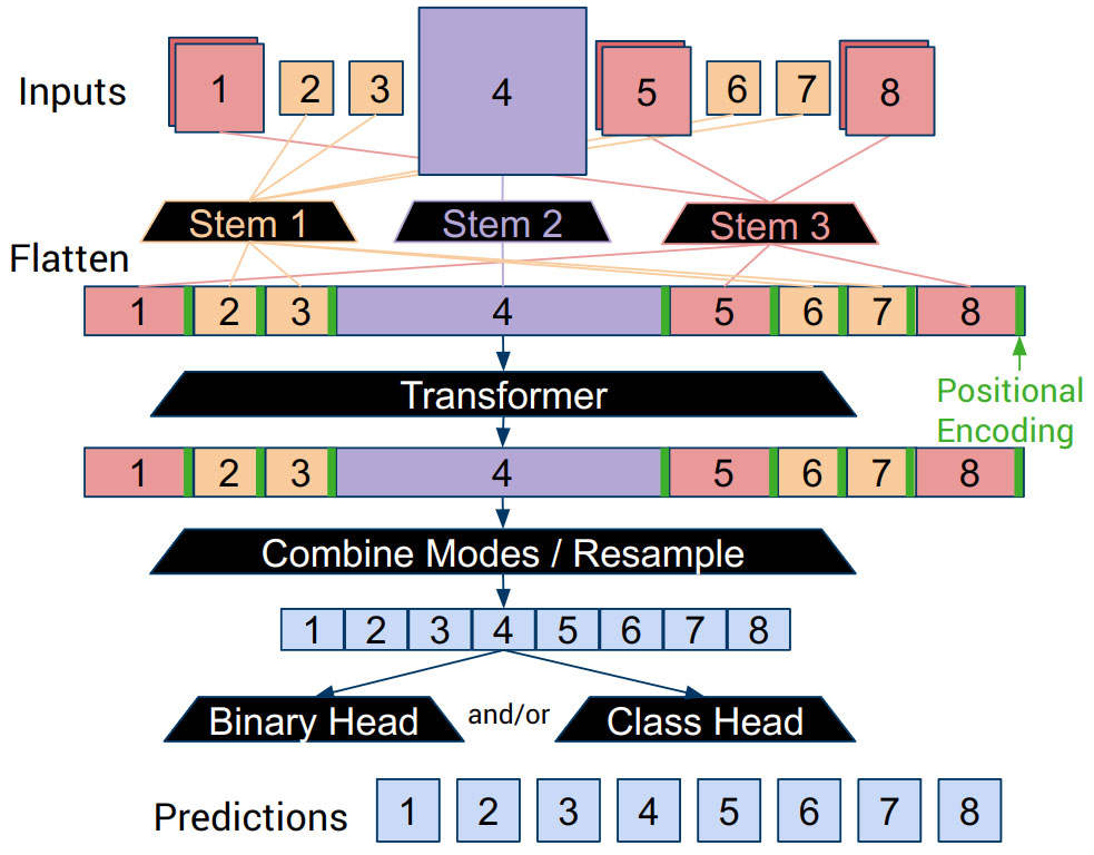 Figure 2. GeoWATCH’s multimodal neural network architecture. The top inputs are colored to represent images from different sensors with different bands and resolutions. Each of these is passed through a shallow stem to normalize its channel width. From here, a standard transformer can be used to encode the data into a feature representation. From this, task-specific heads can make predictions to output predicted heatmaps.