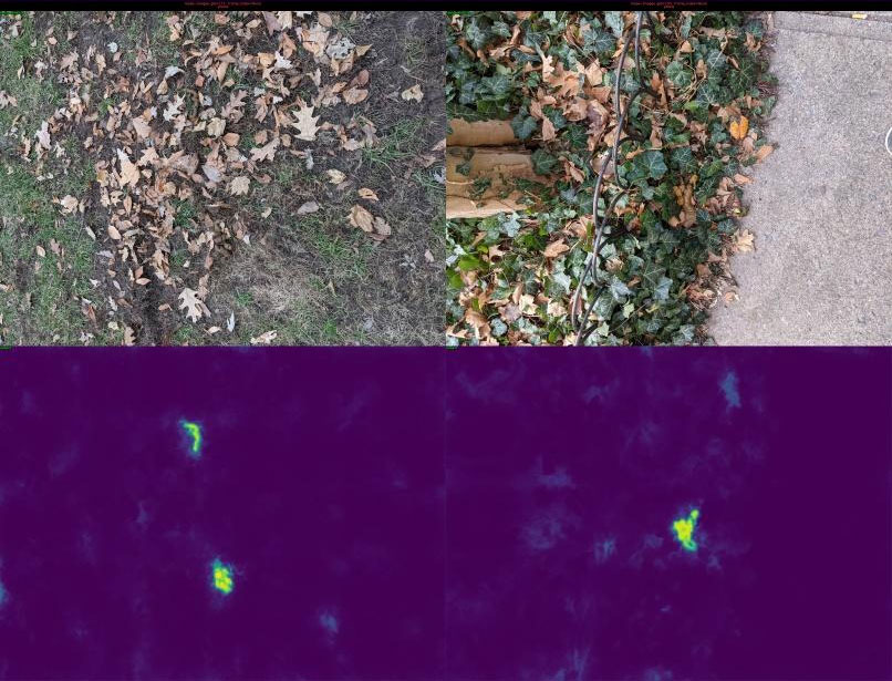 Figure 7. Dog poop detection. The top row is the input image, and the bottom row is the corresponding predicted heatmap. Dog owners are not always able to find their pet’s poop when the dogs are running around at the park or in the yard. However, with a smartphone camera and trained GeoWATCH model, the system can aid the search and help owners keep parks and lawns clean.