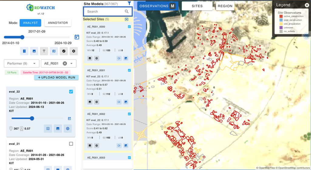 RDWATCH enables analysts to select a specific region of interest and a particular version of the model for detailed analysis.