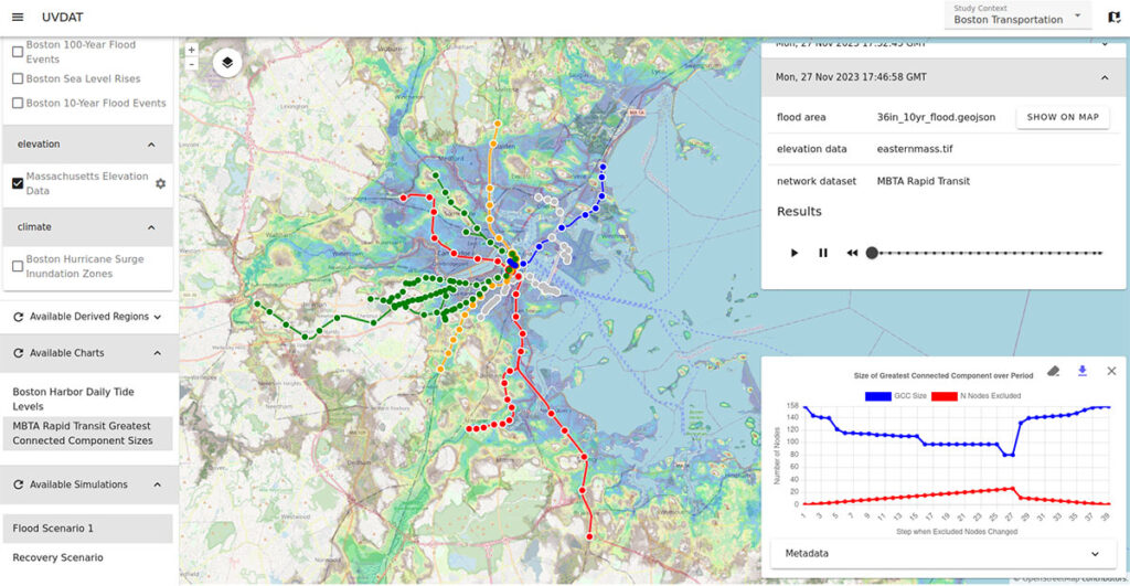 Figure 4: Another application of Resonant GeoData that is targeted for urban data analysis. In this particular instance, an analyst is analyzing the effect of extreme weather (flooding) on the Boston subway network post simulation run.