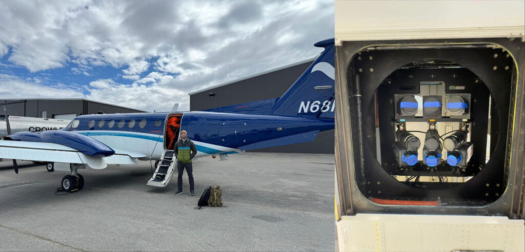 Left: Adam Romlein, senior R&D engineer at Kitware, prepares for a test flight out of Nome, AK.
Right: The 9-camera system we installed in the belly of the aircraft. Three color cameras are at the top, three UV cameras are in the middle, and three IR cameras are at the bottom. This configuration captures a wide swath of imagery in flight to maximize the area covered.