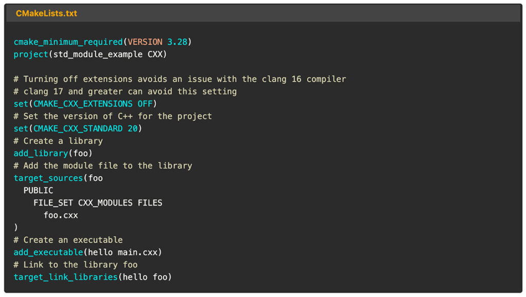 An example CMake file showcasing C++20 modules.