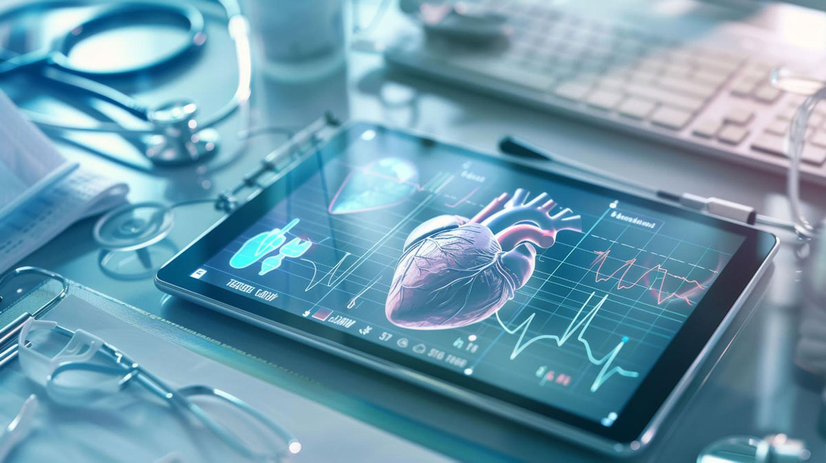 Computer tablet showing a heart and vitals next to it.