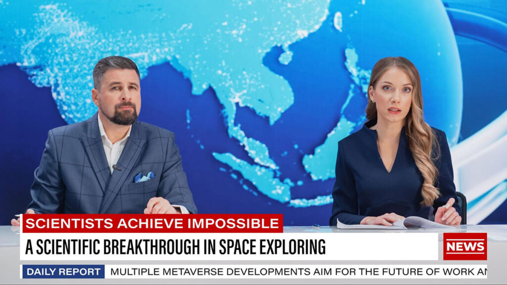 News anchors reporting on A scientific breakthrough in space exploring.