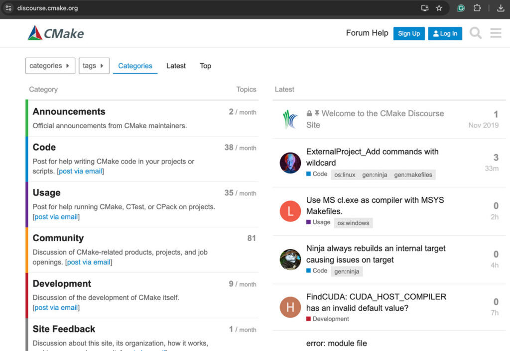 screenshot of CMake discourse forum