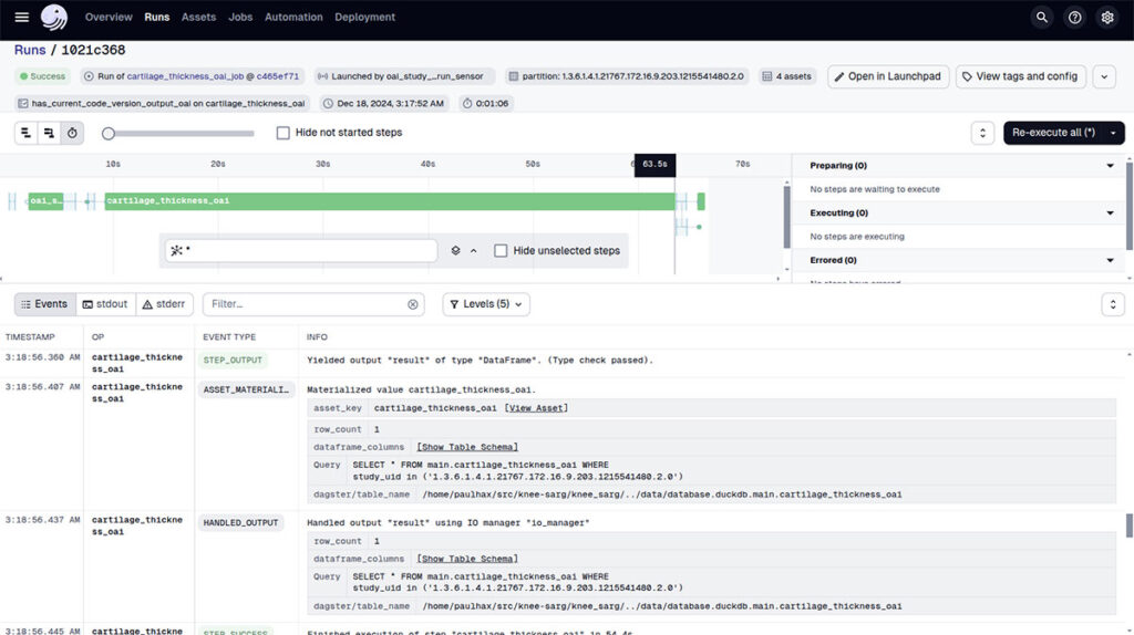 Dagster allows for easy comparison of image analysis outputs across code versions by tagging job runs with a “code version.” This ensures that output image files are archived alongside the specific version of the analysis code used to generate them.