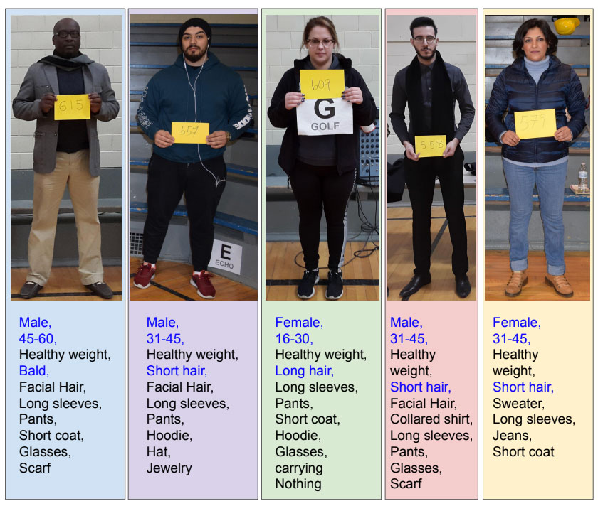 Examples of MEVID attributes. Note: For our experiments, we only use biometric attribute labels shown in blue.